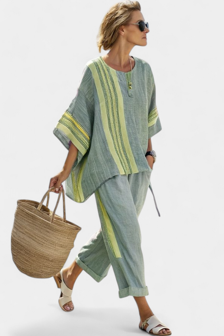 Elowric | Elegant Lavender Top & Mustard Striped Pants